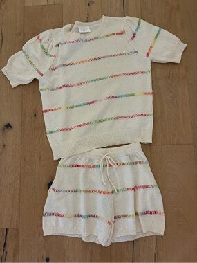 Fantastic Fawn Cream Knit Shorts with Rainbow Stitching
